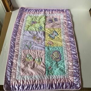 Baby Quilt blanket patchwork Satin Trim Pastel Butterfly Lady big 35”x24”